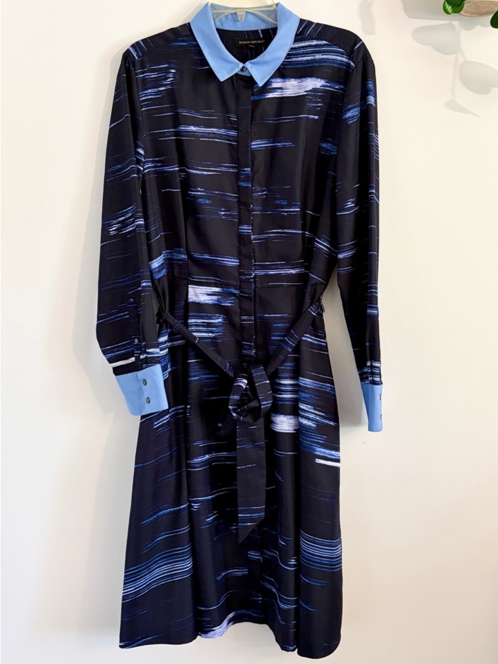 Banana Republic Navy Brushstroke Shirt Dress with Light Blue Trim